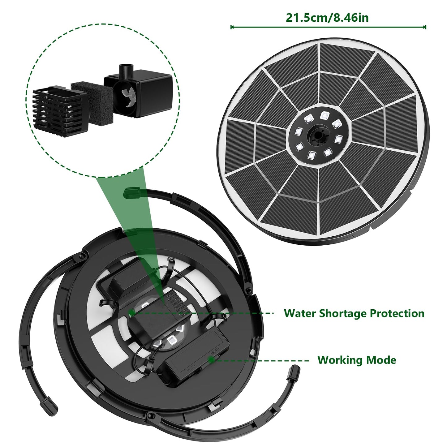 AISITIN 5.5W Solar Fountain Bird Bath with LED Colorful Lights & 3000mAh Battery, Remote Control Solar Pump for Fountain with 8 Nozzles, Solar Water Pump for Garden, Pond and Outdoor