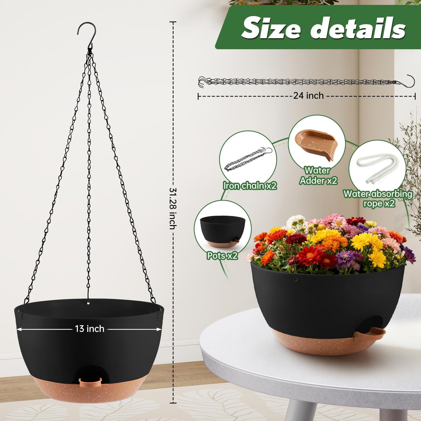 WUCEIAUU 13-inch Oversized Hanging Planter Set of Two,Planters for Indoor and Outdoor Plants.Place Plant pots Across Diverse Settings Including windowsills,Living Room,and Gardens.Black-Brown
