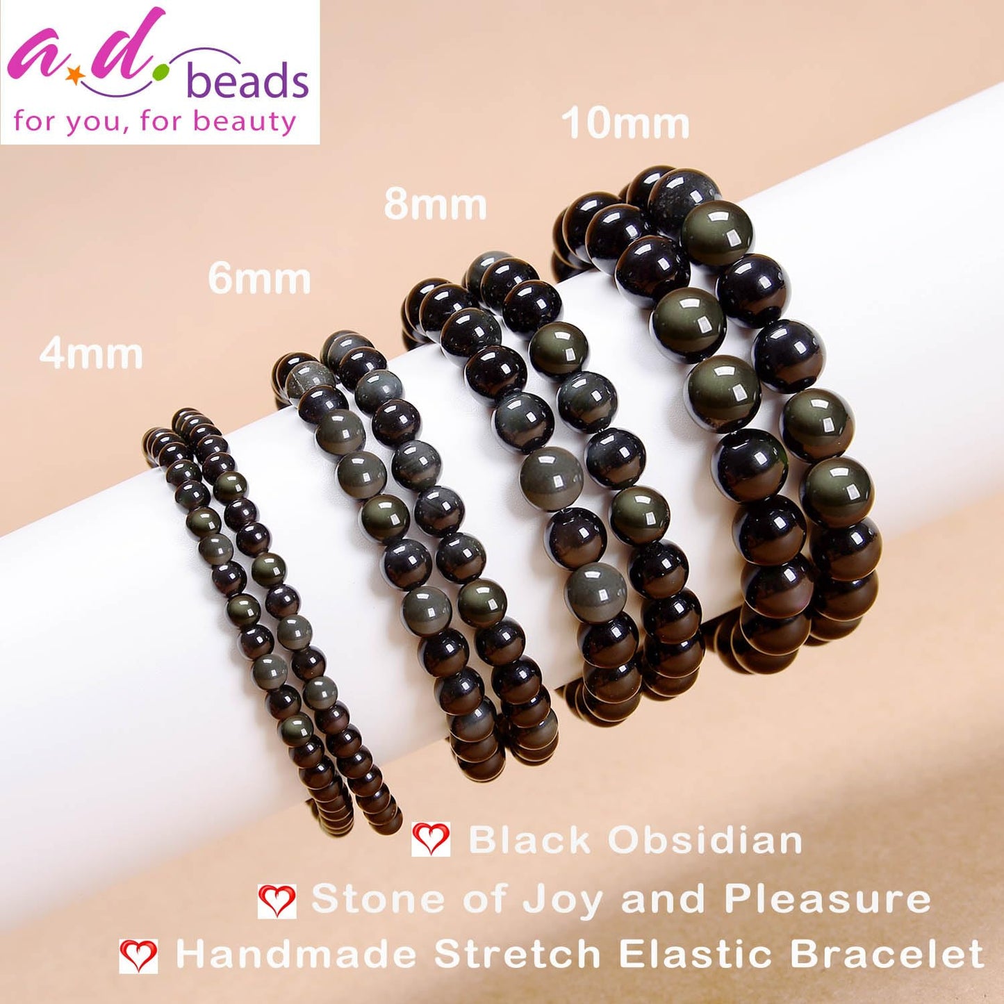 AD Beads Handmade Gemstone Stretch Elastic Bracelet Crystal Healing Reiki Nature's Beauty and Spiritual Essence Unisex (8mm, Black Obsidian (Pleasure))