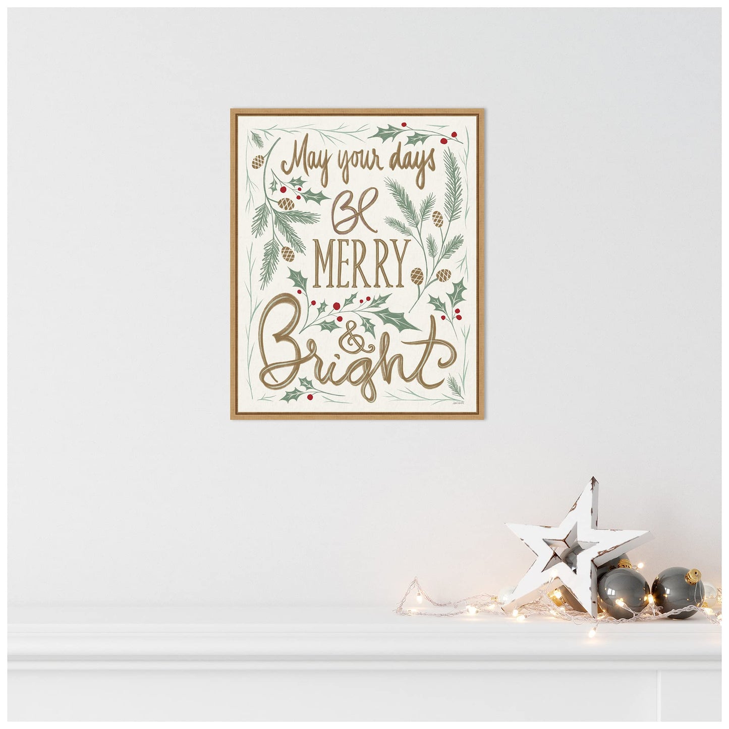 Amanti Art Framed Canvas Wall Art 20x16 Merry and Bright Holly by Anne Tavoletti, Framed Wall Art Canvas, Holidays Artwork, Modern Contemporary Decor, Small Poster Painting for Living Room, Bedroom