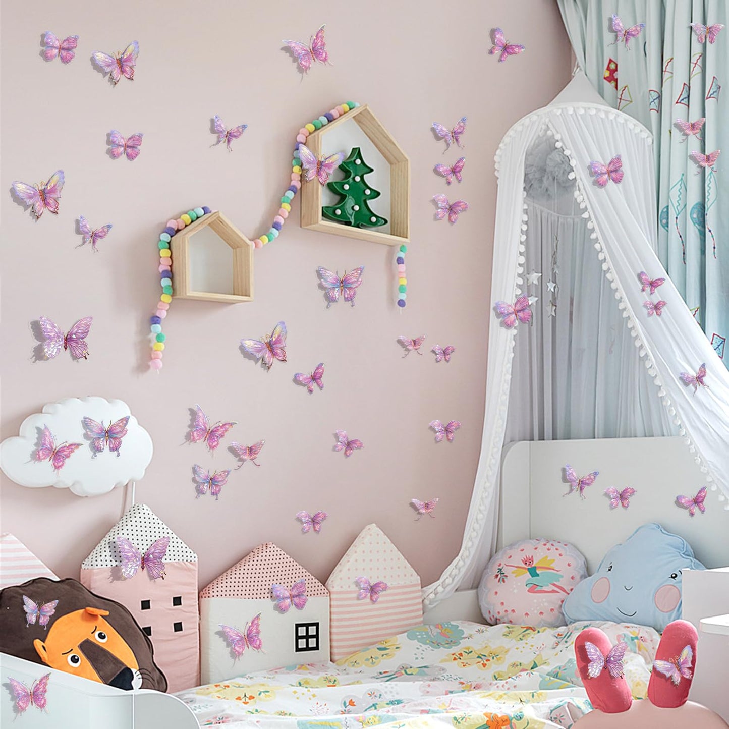 3D Butterfly Wall Decor - 50PCS Removable PVC Butterflies Wall Stickers- Multi-Size (2.8"-3.9")- DIY Removable Wall Art Decal for Kids Room, Nursery, Bedroom, Classroom, Party Decoration (Pink)