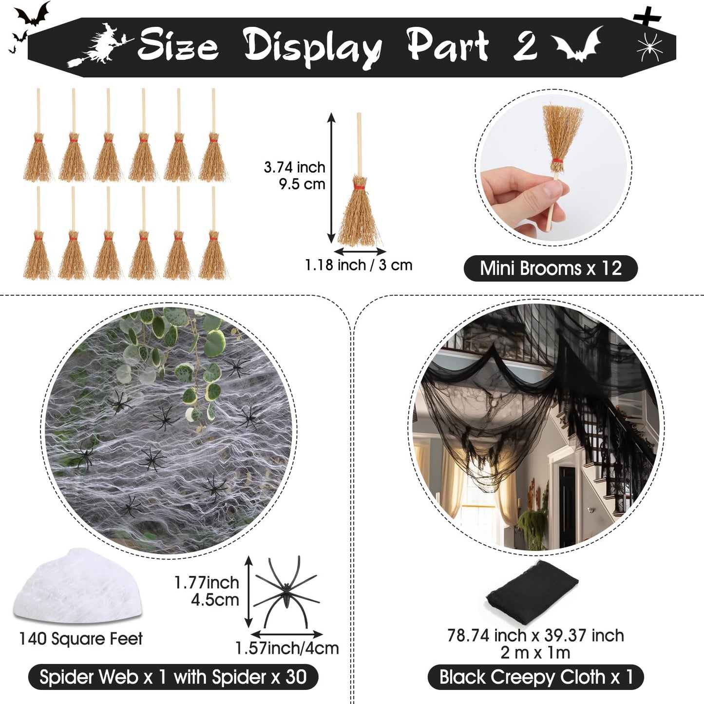 Sublaga 75 Pcs Halloween Decorations Kit, Halloween Witches Hats Black | Hanging Witch Hats Decorations with Spider Web and 18 Pieces Bats Decorations, 30 Pcs Spiders, 12 Brooms Halloween Decor