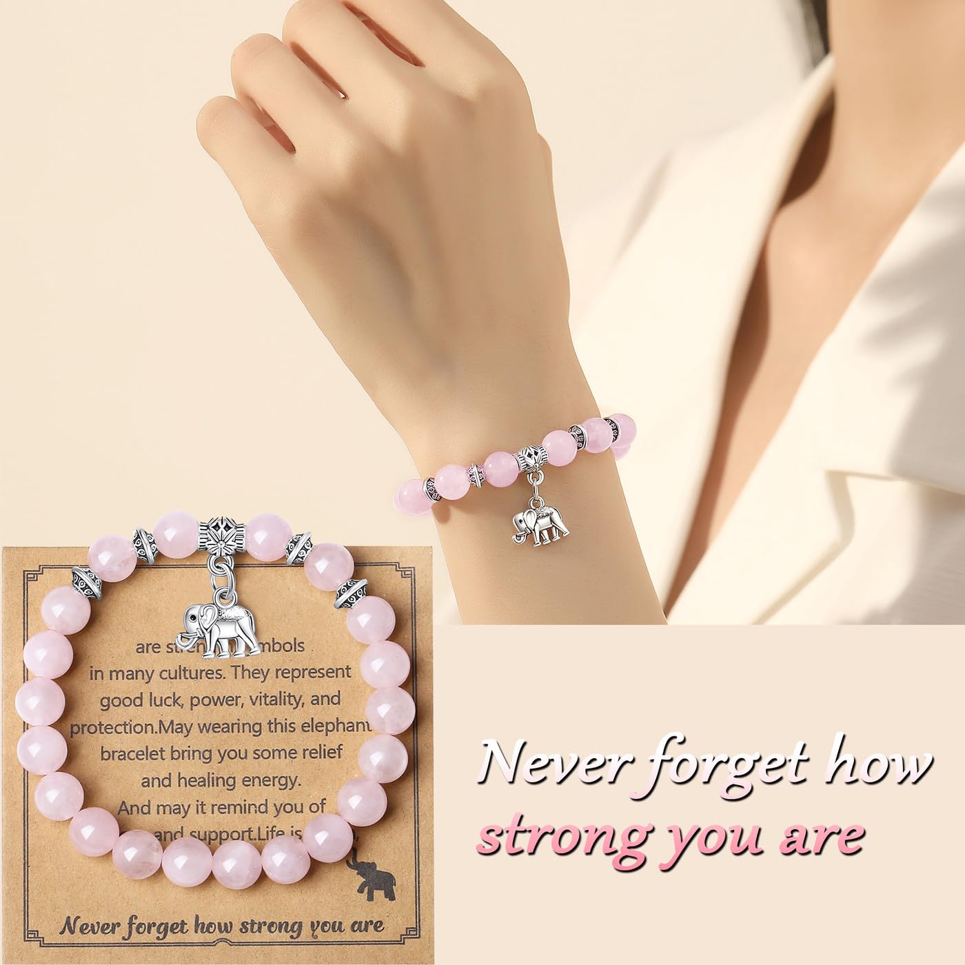 MAIBAOTA Rose Quartz Bracelet for Women, Pink Bracelet, Rose Quartz Crystals Stone Beaded Bracelets, Elephant Round Gemstones Stretch Bracelet, Crystal Jewelry Gifts for Women Mom
