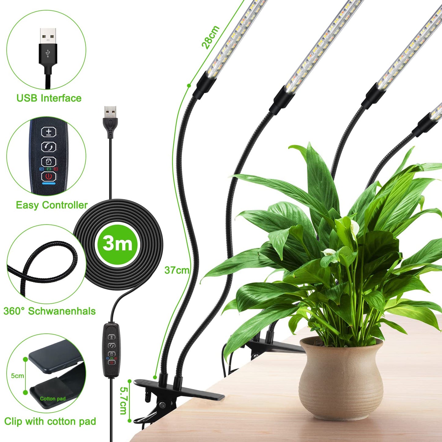 GROWSTAR Plant Lights for Indoor Growing, Full Spectrum 4 Heads Clip Grow Lamps with 10 Feet Cables for Seeding Blooming and Fruiting(2 Pack)