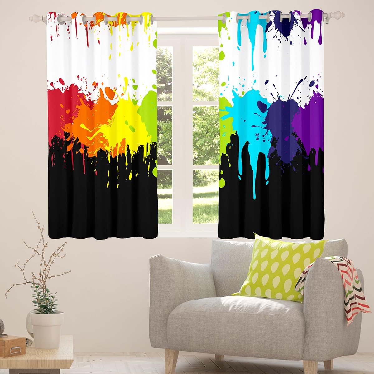 Erosebridal Rainbow Tie Dye Blackout Curtains 76Wx45L,Colorful Splash Paint Window Curtains Home Dorm Room Multicolor Grafitti Curtains Luxury,Modern Abstract Window Drapes Black White