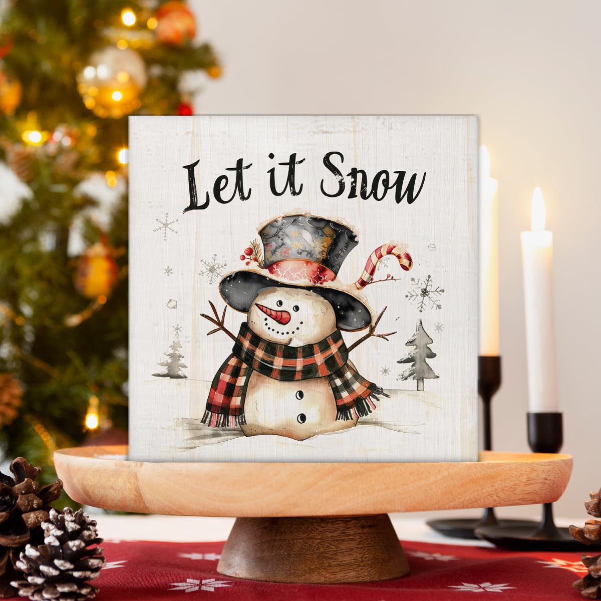Let It Snow Christmas Decorations - Snowman Decor, Christmas Winter Wooden Sign, Home Decor for Desk Table Shelf 5 X 5 Inches