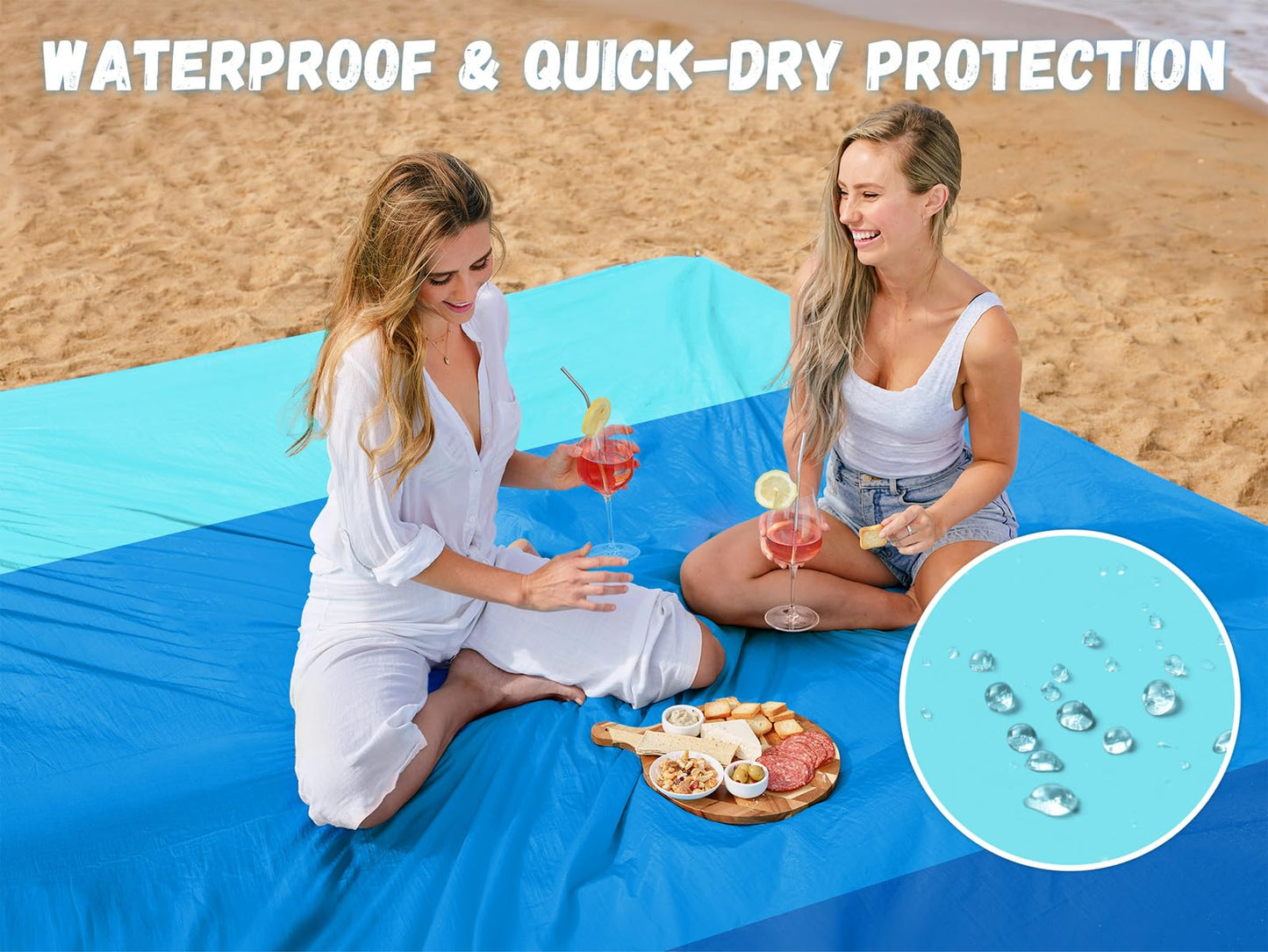 AlphaBeing Beach Blanket Waterproof Sandproof, Extra Large Beach Mat for 1–8 Adults, Oversized Picnic Blanket with 4 Stakes & Storage Bag, Essential Beach Gear for Travel (ThreeBlue, 79“×83”)