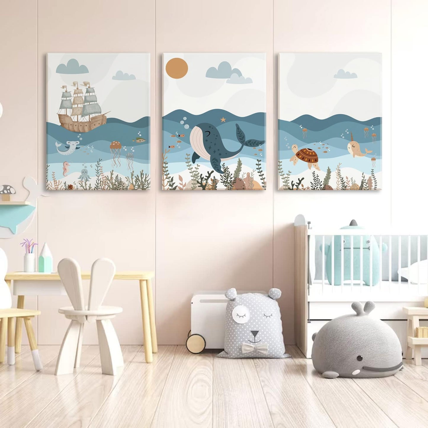 LYPHNX Framed Blue Ocean Nautical Nursery Canvas Wall Art Sea Turtle Whale Animal Painting Picture Set of 3 Kids Prints Poster Wall Decor for Baby Boys Girl Children's Room Bedroom Bathroom 12"x16"