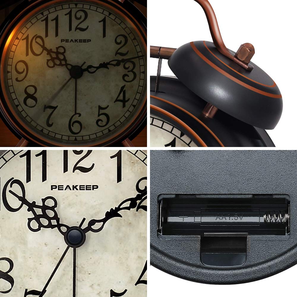 Peakeep Retro 4.5 inches Battery Operated Twin Bell Loud Alarm Clock (Black with Arabic)