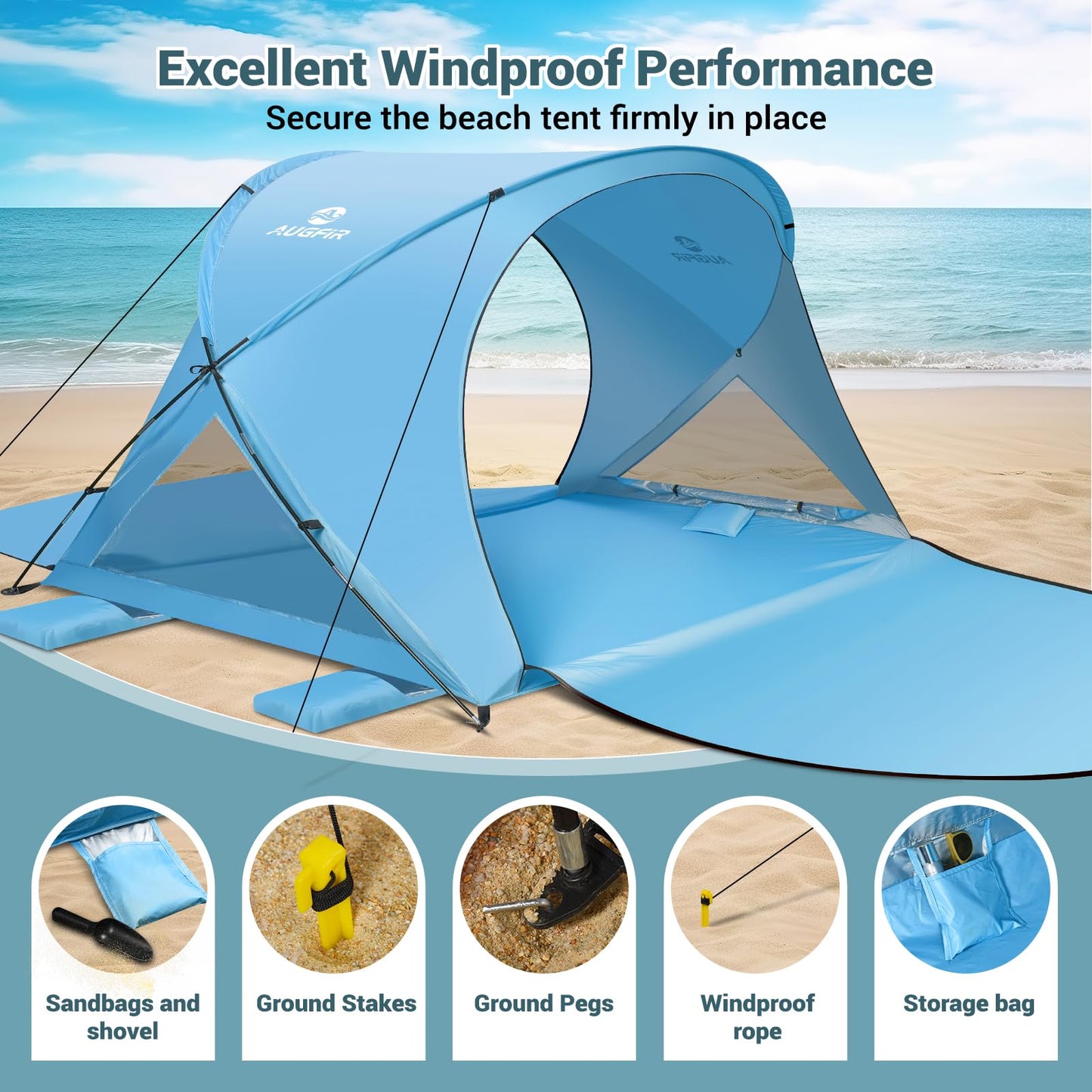 AugFir Beach Tent Sun Shelter, Beach Tent with Beach Mat Set, 4 Person Portable Beach Shade Canopy with UPF 50＋ UV Protection, Dual-Door Ventilation Design, Easy Setup Family Beach Umbrella (Blue)