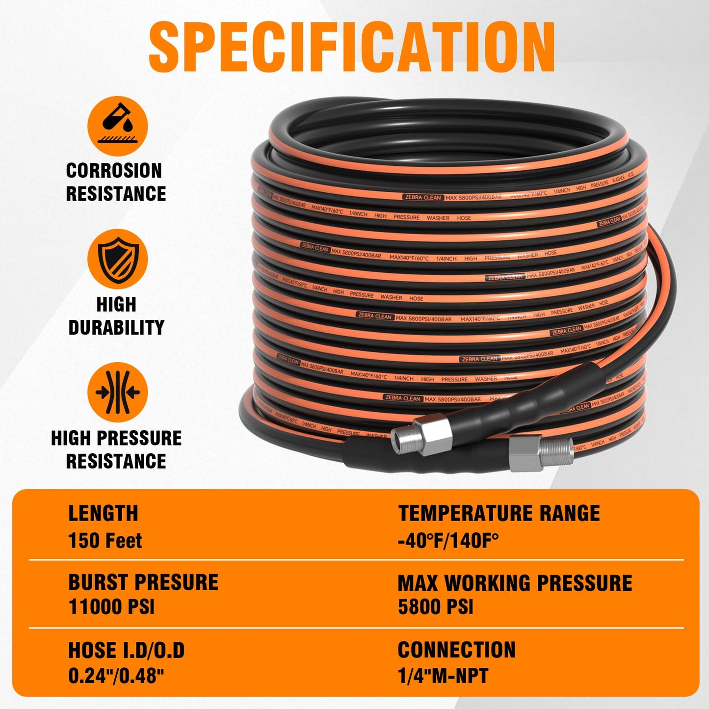 50FT Sewer Jetter Kit for Pressure Washer, 1/4" NPT Corner Drain Cleaner Hose 5800 PSI with Sewer Jetting Nozzles, Pearl Corsage Pin, Waterproof Tape, Extension Cord Organizer&2 Spanner