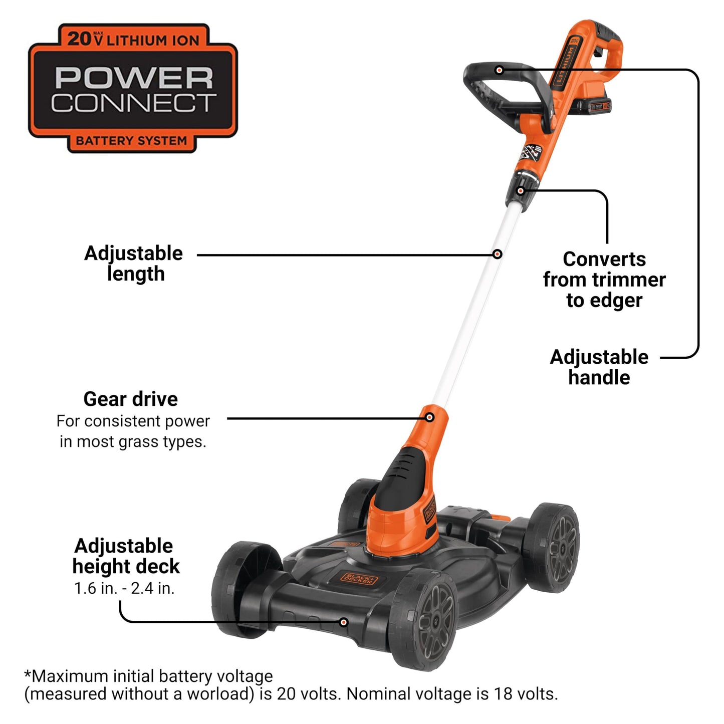 BLACK+DECKER Weed Eater, Lawn Edger and Cordless Lawn Mower 3 in 1 Combo, Includes (2) Batteries, Charger, 12 Inch Battery Powered String Trimmer and Lawnmower, Adjustable Length and Height (MTC220)