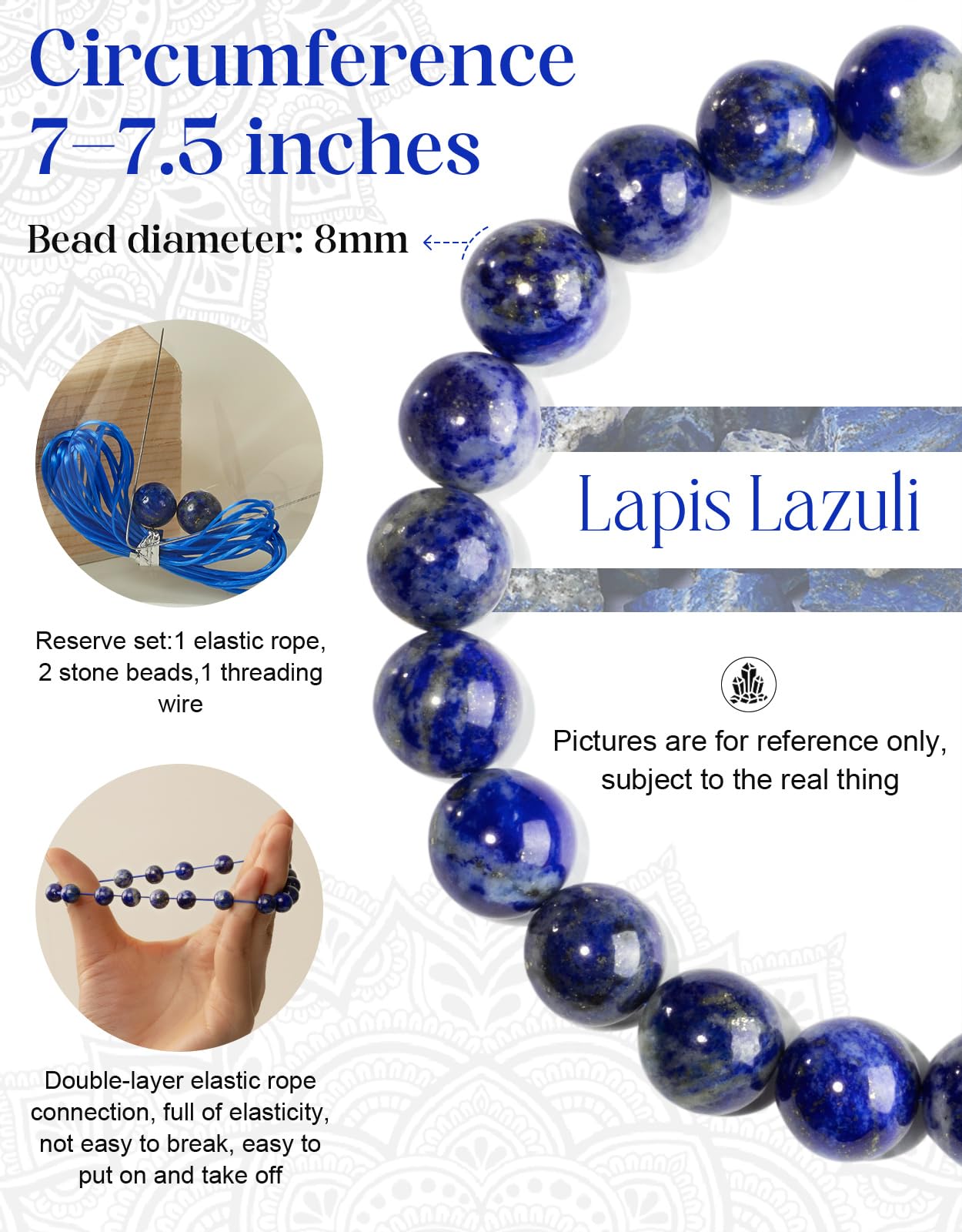 Landorilo Beaded Bracelet for Men Women, 8mm Natural Stone Lapis Lazuli Healing Crystal Stretch Bracelets, Ideal Christmas Birthday Jewelry Gifts with Energy Card，Replacement Beads Included