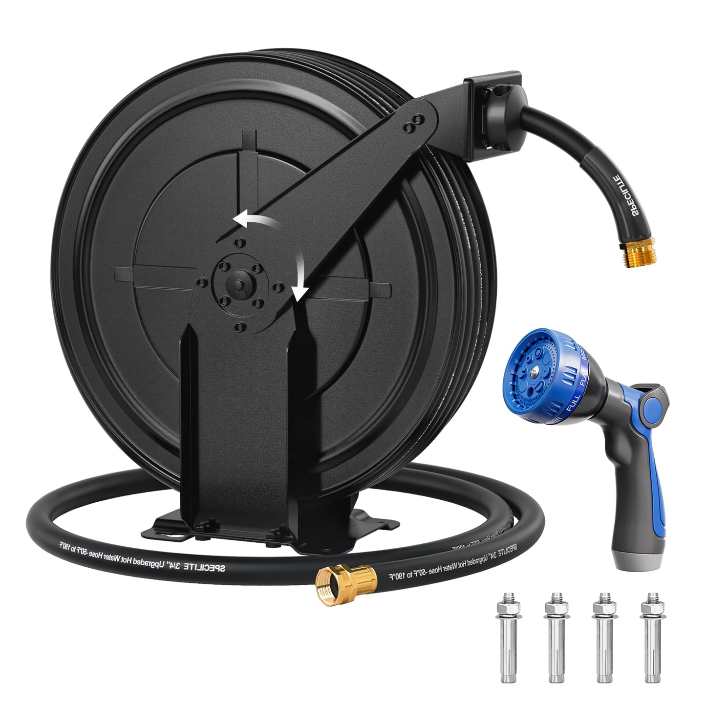 SPECILITE Hot/Cold Retractable Garden Hose Reel 50ft x 5/8'', -50℉ - 190 ℉, Wall Mount Water Pipe Spool, Heavy Duty, with 6ft Leader Hose, 8 Function Nozzle, for Backyard, Outdoor, Farm, Boat, Black