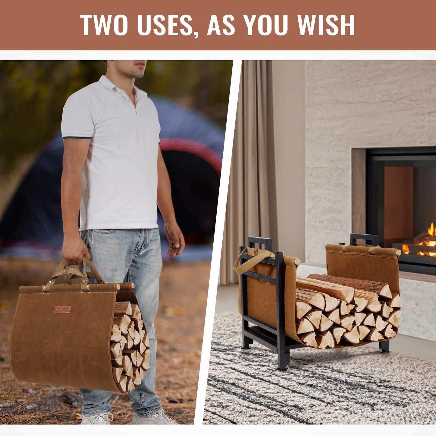 Zettfuly Firewood Carrier with Handles - Waxed Canvas Log Carrier for Firewood, Woods Carrier for Firewood Tote Bag 38x19in, Water Resistant Log Tote Wood Carrying Bag, Wood Stove Accessories, Rust