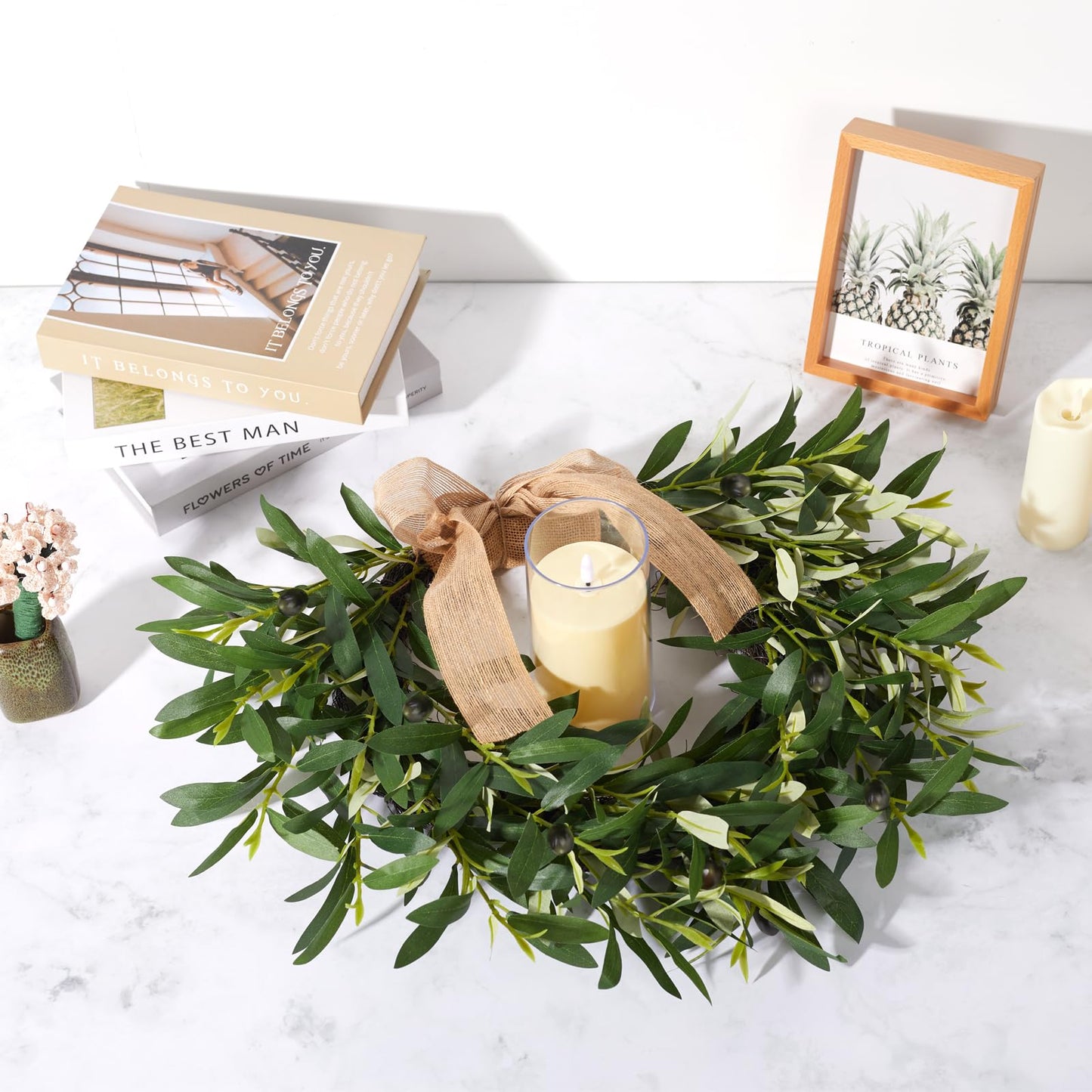 20.87 Inch Artificial Olive Wreaths for Front Door, Real Touch Green Leaf Olive Fruit Spring Flower Swag, Perfect for Wedding Home Outdoor Indoor (1PCS)