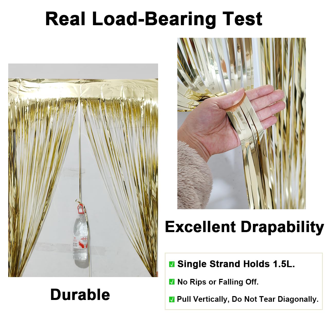 2 Pack Thickened Light Gold Metallic Foil Fringe Curtains Streamer Rip Resistant Shimmer Tinsel Photo Booth Backdrop for Birthday Wedding Christmas Bachelorette Party Decorations 3.28ft x 6.56ft