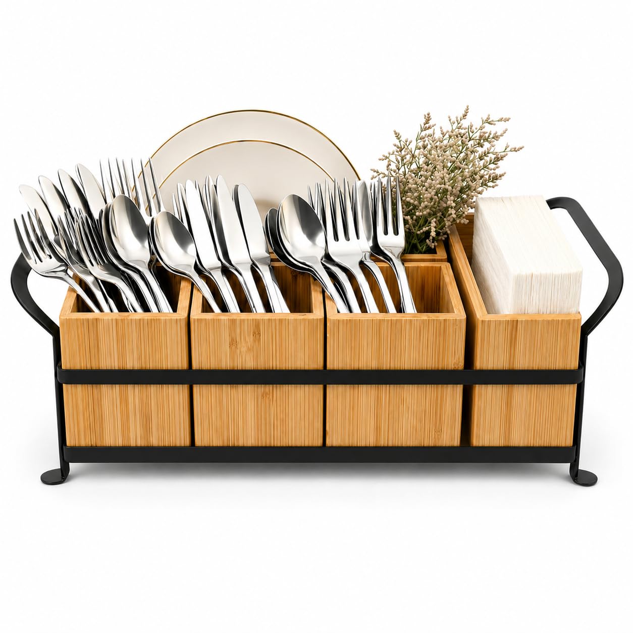 GOXTBBW Bamboo Utensil Caddy with Handle - 5 Compartment Silverware Holder for Party & Kitchen Countertop - Removable Wooden Flatware Organizer for Picnic, BBQ, Buffet, RV & Outdoor Dining