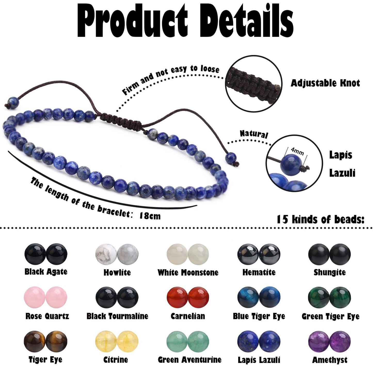 BONNY BOXX Braided Genuine 4mm Lapis Lazuli - Stone of Wisdom - Bracelet, Elegant Handcrafted Natural Gemstone Crystal Bracelet Healing Power Energy Inspirational Gifts with Card for Unisex