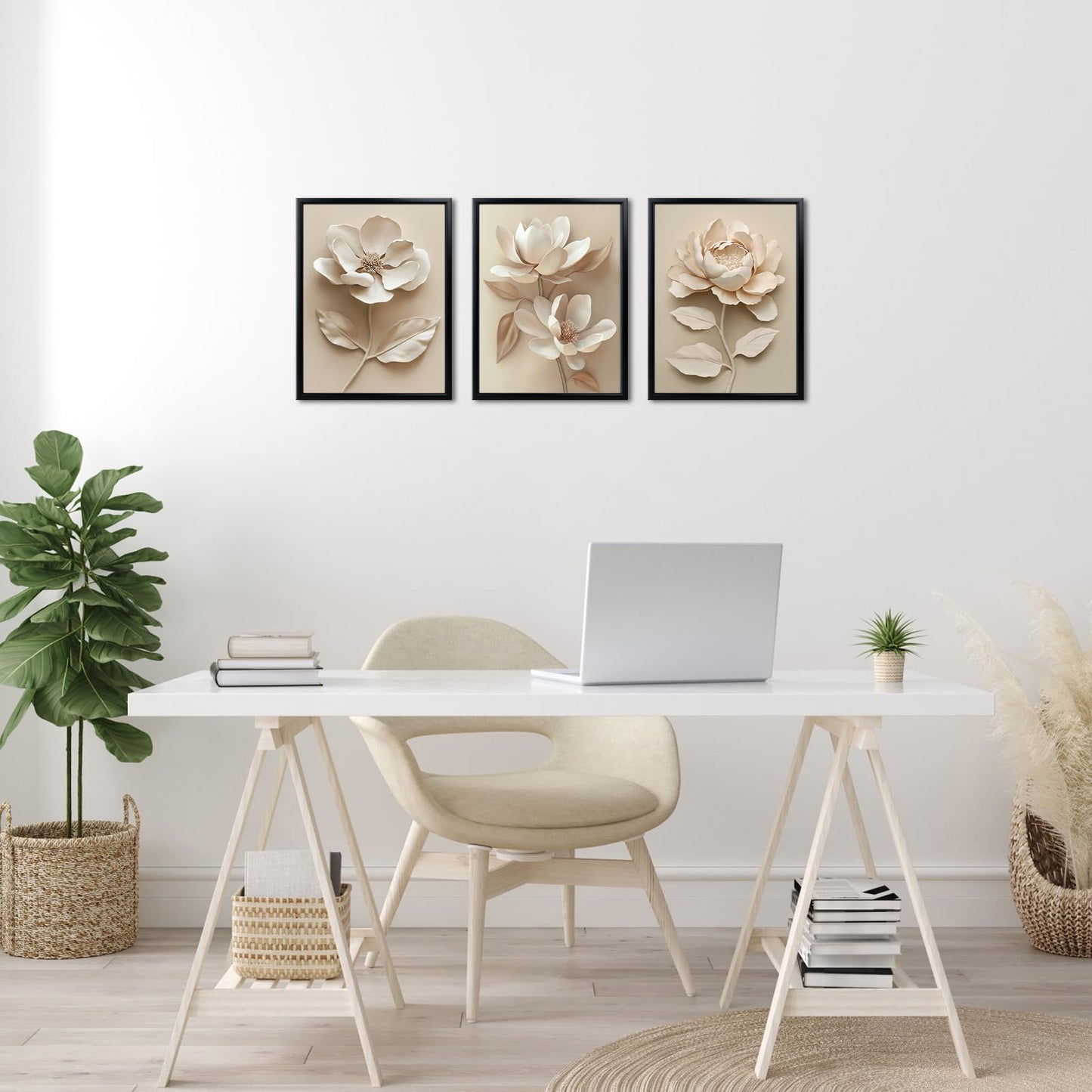 Artsbay Flower Wall Art Beige Magnolia Flowers Home Decor Floral Artwork for Bathroom Bedroom Living Room 12" x 16" x 3PCS