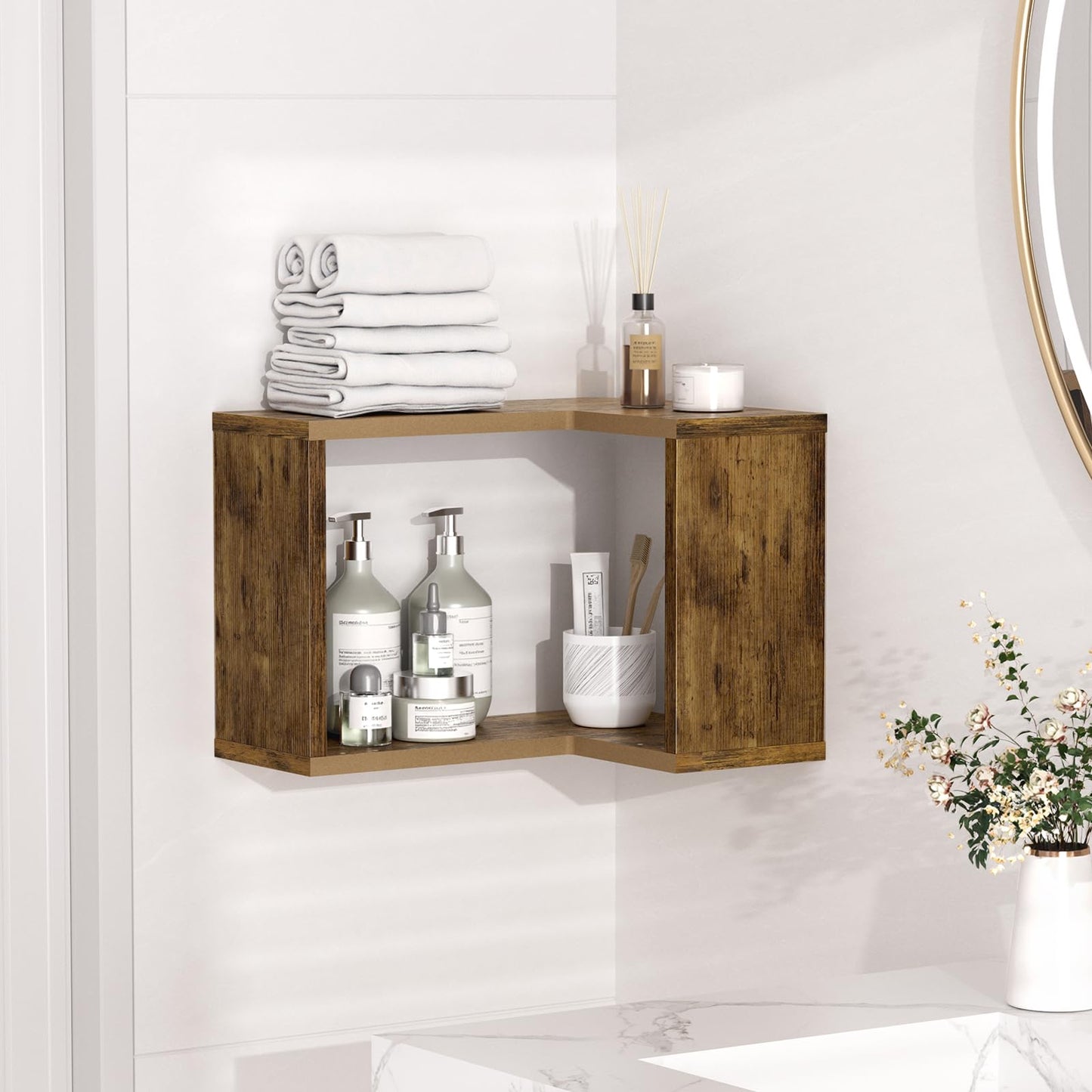 Atoping Floating Corner Shelf, 2-Tier Floating Shelf for Wall, Wood Floating Book Shelf for Living Room, Bedroom, Bathroom, Home Office, Rustic Brown