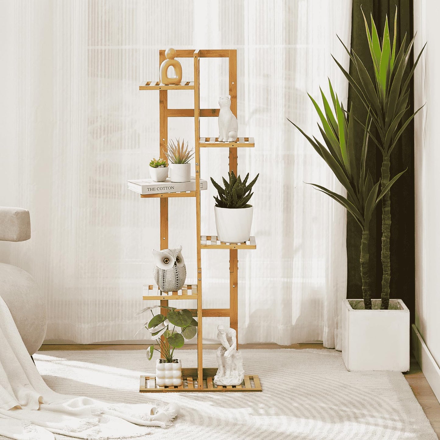 DolceLuna Plant Stand Indoor Corner, Tiered Bamboo Plant Shelf 46 Inch Tall, Plant Rack 6 Tier for Multiple Small Plants, Flower Holders for Living Room Bedroom Window Patio Balcony, Natural