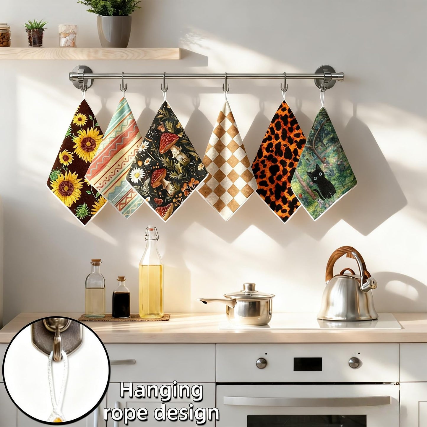 AiHeart Kitchen Dish Cloths,6-Pack Reusable Soft Dishcloths with Hanging Loop,7×7inch Kitchen Towels,Microfiber Hand Towels,Home Decoration,for Housewarming Gifts,Cooking Enthusiasts-Combination A
