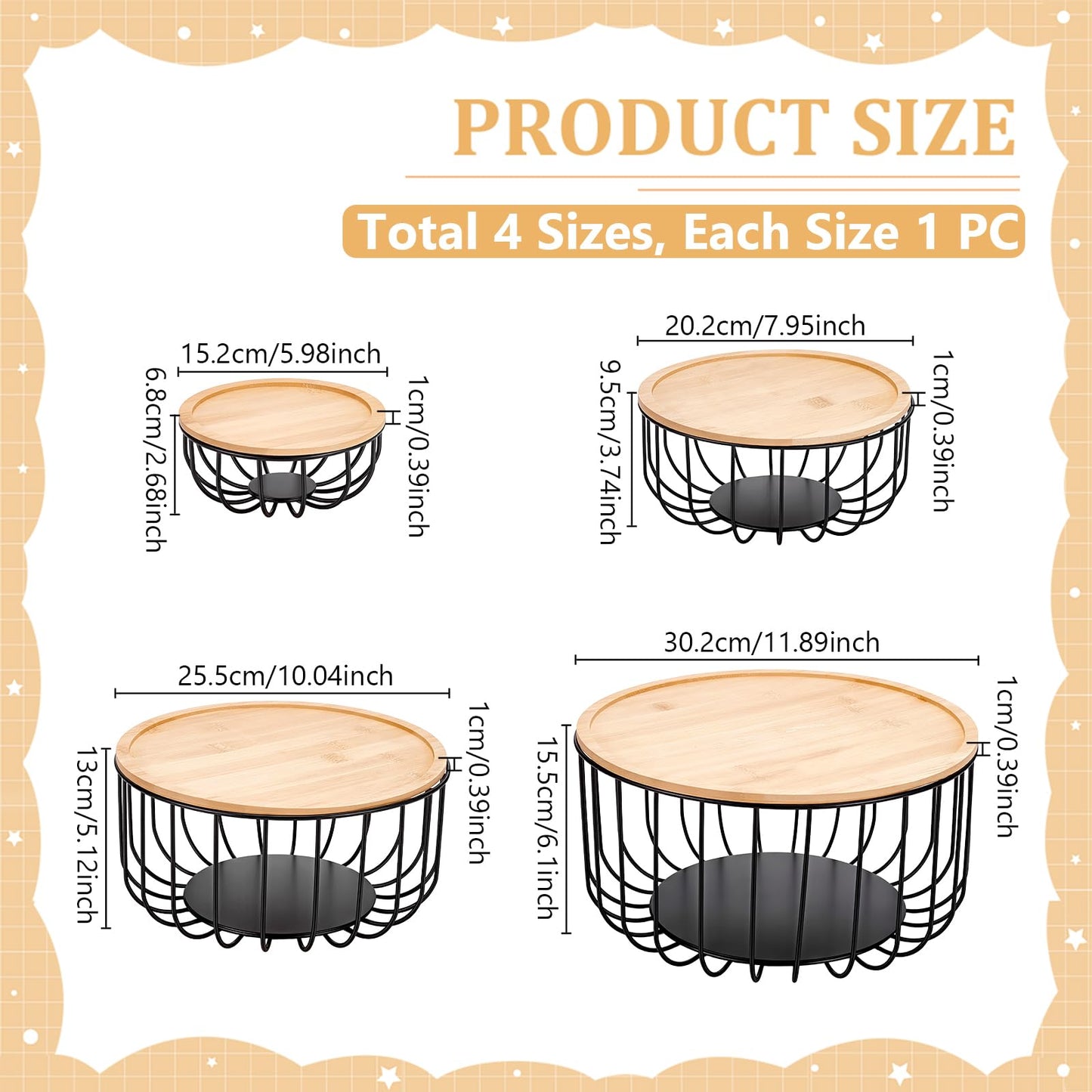 INTERWARM 4Pcs Fruit Basket for Kitchen Counter Set, 4 Size Round Fruit Basket with Wooden Lid Countertop Bin for Produce Fruits Lemon Banana Candy Snack in Office(Black)
