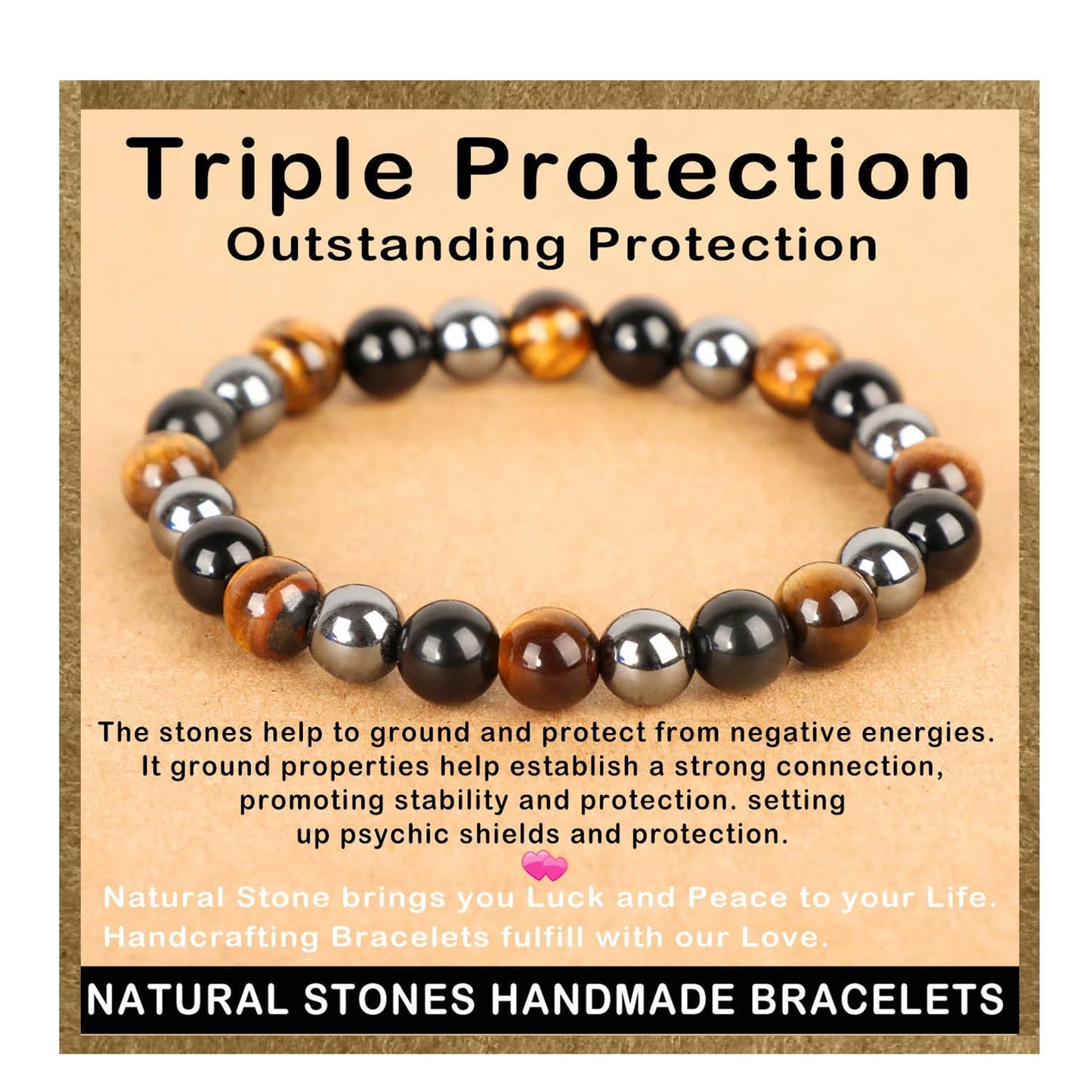AD Beads Handmade Gemstone Stretch Elastic Bracelet Crystal Healing Reiki Nature's Beauty and Spiritual Essence Unisex (8mm, Triple Protection (Strong Protect))
