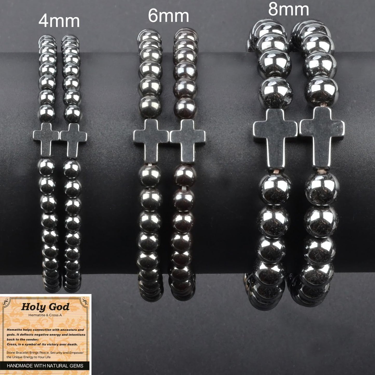 MASSIVE BEADS Hematite and Cross - Holy God Handmade Handmade Yoga Stretch Elastic Bracelet Natural Stone Crystal Healing Power Energy Gifts for Unisex Adult 4mm