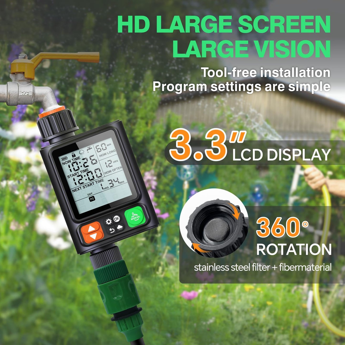 Sprinkler Timer for Garden Hose, Upgrade 10 Program Water Timer with Auto Rain Delay, IP54 Waterproof 3.3“ Large LCD Drip Irrigation System Timers for Plant, Yard, Lawns, Outdoor