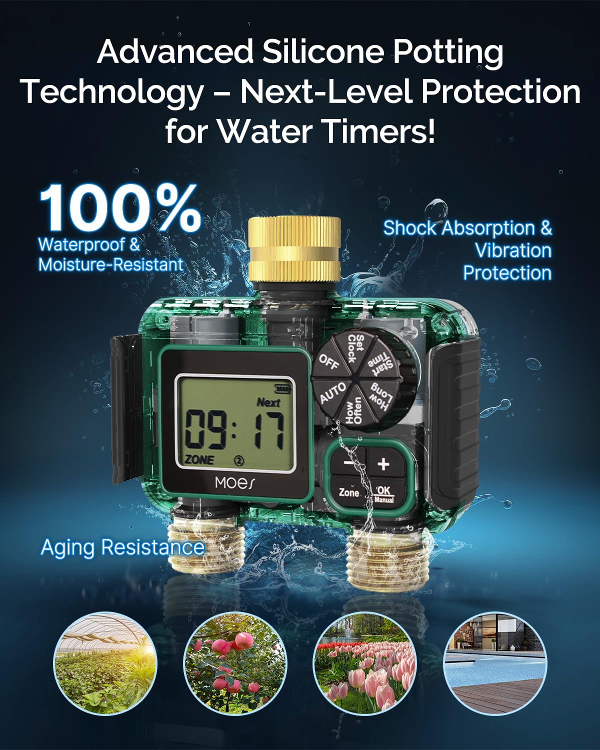 MOES 2 Outlet Sprinkler Timer, Brass Inlet & Outlet, Programmable Automatic Irrigation Controller, Rain Delay, Manual Watering, 2 Zone Water Hose Timer for Gardens, Lawns, and Hose Systems