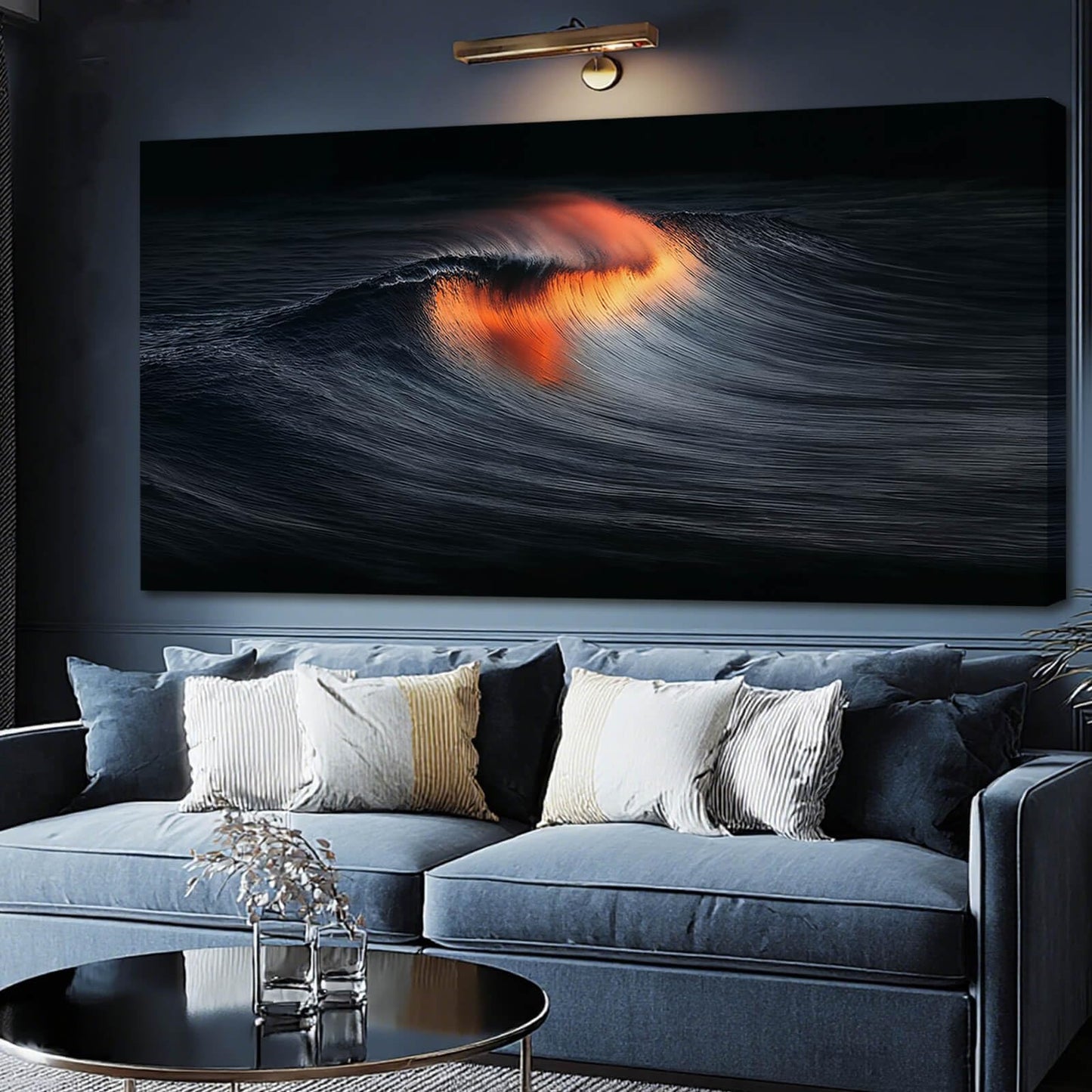 YETHEN WAL Dark Ocean Wave Wall Art Sunset Fire Canvas Prints Abstract Seascape Artwork for Living Room Bedroom Office Decor 24x48 Inch