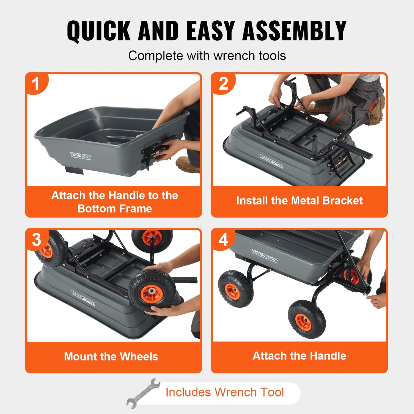 VEVOR 4 Cu.Ft. 600lbs Poly Garden Dump Cart, Heavy Duty 4 Wheel Wheelbarrow Yard Cart Dump Wagon with 10in All Terrain Wheels, Steel Frame and Quick Release System