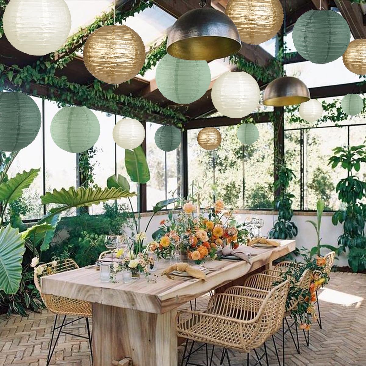 zilue Paper Lanterns Decorative, Round Hanging Paper Lanterns Decorations for Rustic Party Bridal Shower Wedding Sage Green Birthday Party Supplies Gold/Ivory/Sage Green 15pcs