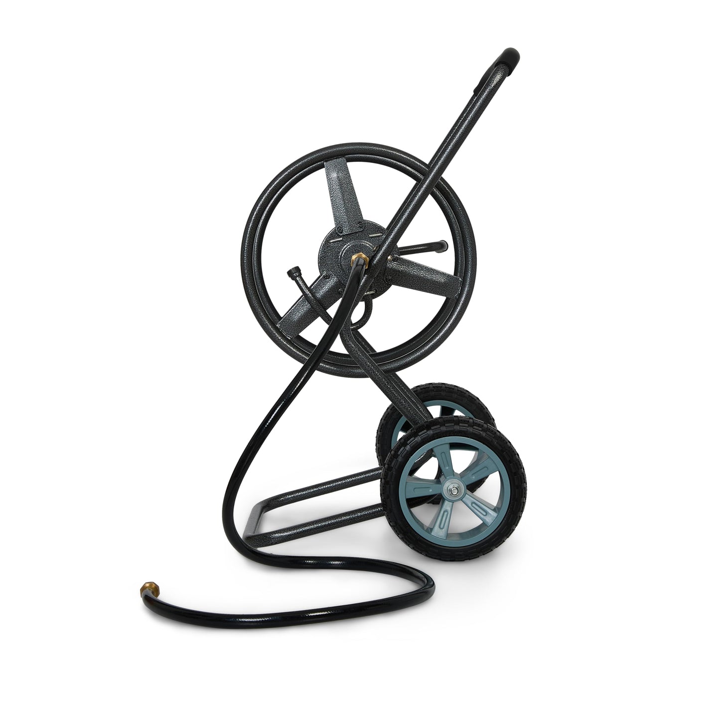 Backyard Expressions 2‑Wheel Garden Hose Reel Cart, Portable Hand‑Crank Hose Reel, Rust‑Resistant Hammertone Gray Finish, Brass Connectors