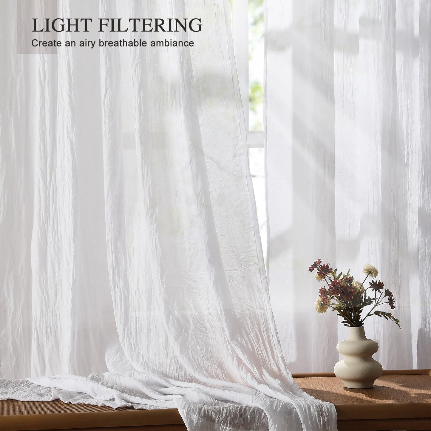 Anpark Elegant White Sheer Curtains 84 Inches Long for Living Room Bedroom, Cotton Linen Textured Light Filtering Crinkle Sheer Drapes Natural Rod Pocket Voile Curtains, W52 x L84 in, 2 Panels