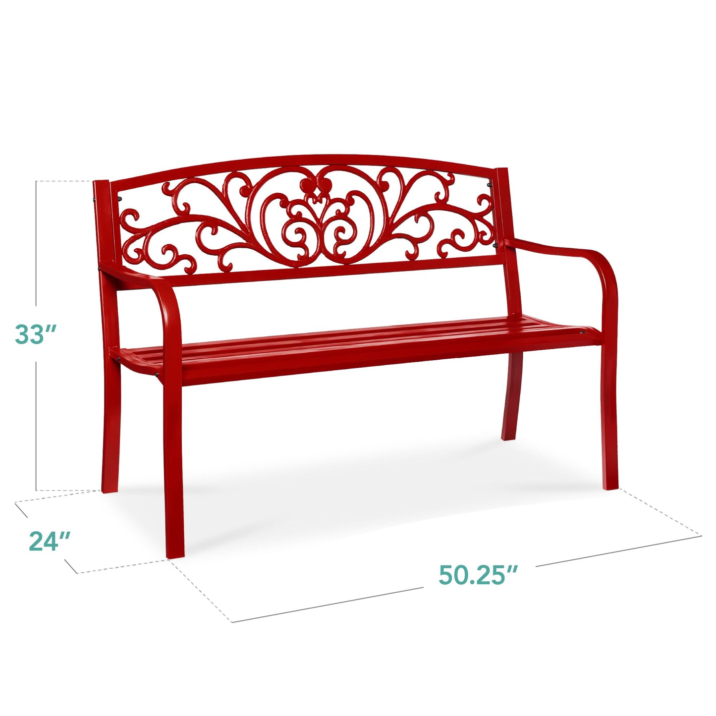 Best Choice Products Outdoor Bench Steel Garden Patio Porch Furniture for Lawn, Park, Deck w/Floral Design Backrest, Slatted Seat - Red