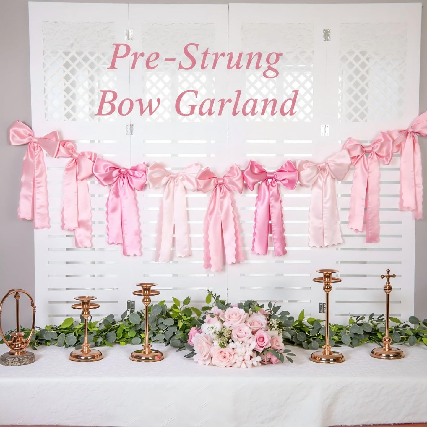 VitalCozy Pink Bow Garland Decor for Coquette Party Decorations, Pre-Strung Pink Satin Ribbon Birthday Party Garland Bow Banner for Valentine Bridal Shower Bachelorette Wedding Birthday Engagement