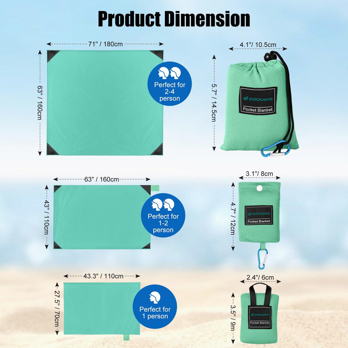 Odoland Beach Blanket Picnic Blanket, 43.3" x 27.5" SandProof Waterproof Outdoor Pocket Blanket with Portable Bag, Foldable Lightweight Sand Free Mat for 1 People Hiking, Camping, Travel, Light Green