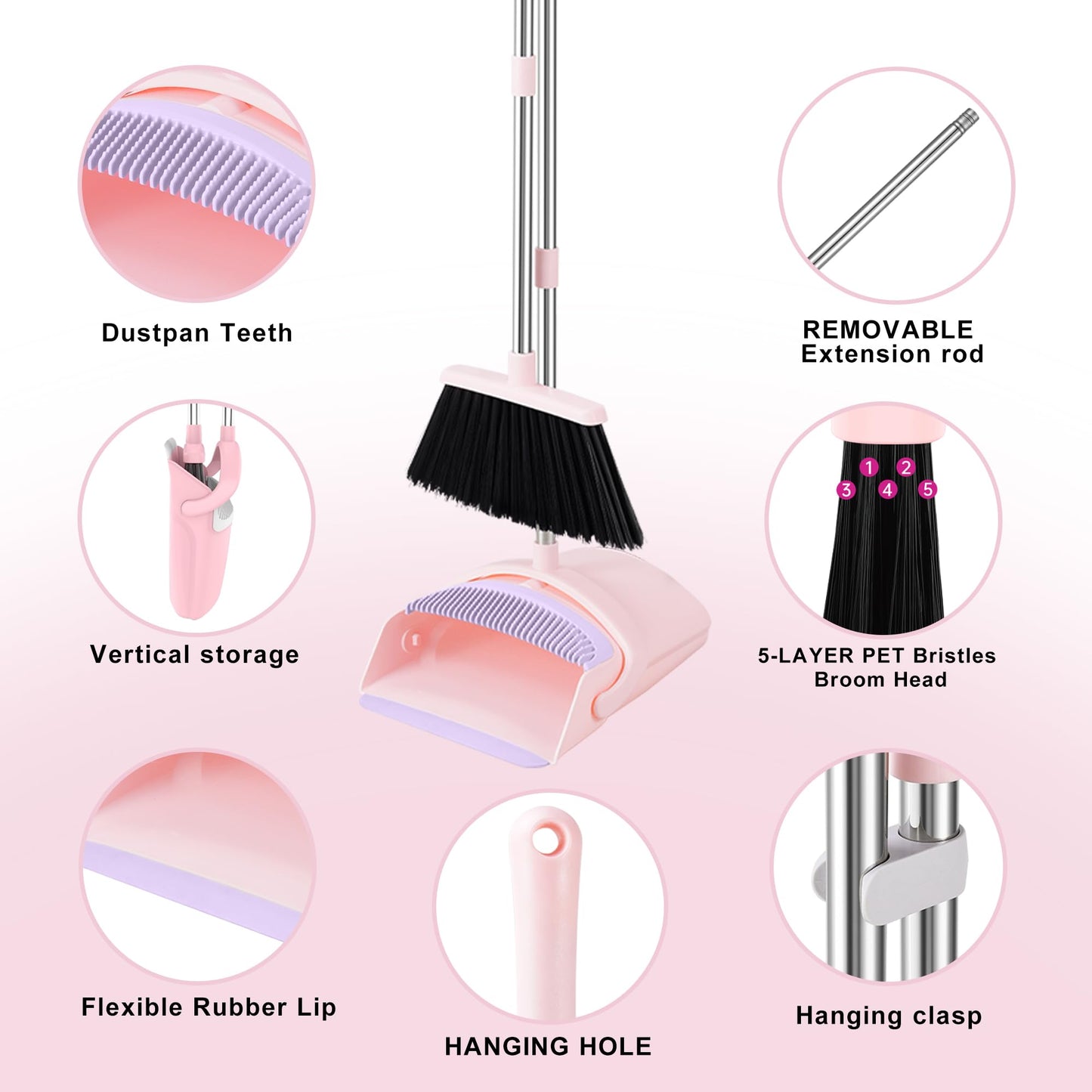 Broom with Dustpan Combo Set, 52-in Adjustable Handles Broom and Dustpan Set with Combo Teeth Easy to Scrape Off Pet Hair, Indoor&Outdoor Sweeping