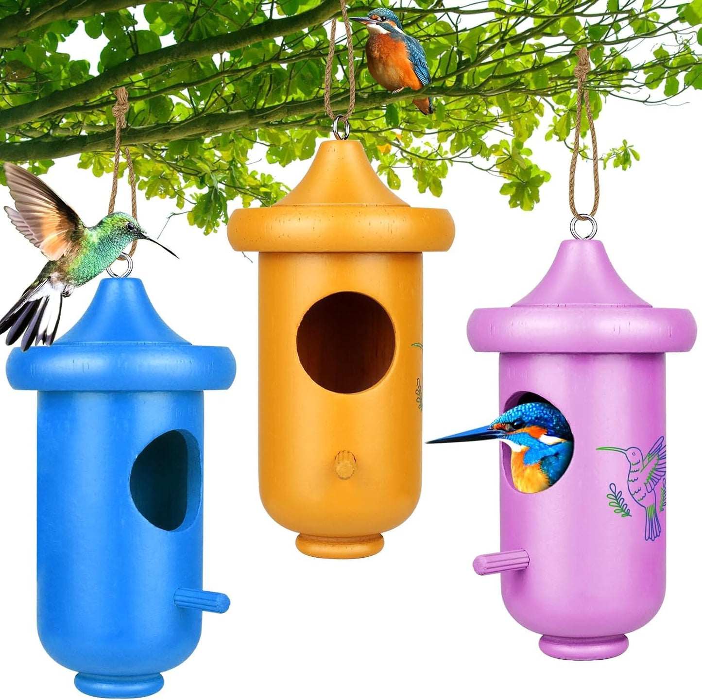 Hummingbird House for Outside Hanging, Garden Window Decorative Wooden Humming Bird Nest 3 Pack Blue Yellow Purple, Hummingbird Gifts for Garden Lovers, Great Home Decoration
