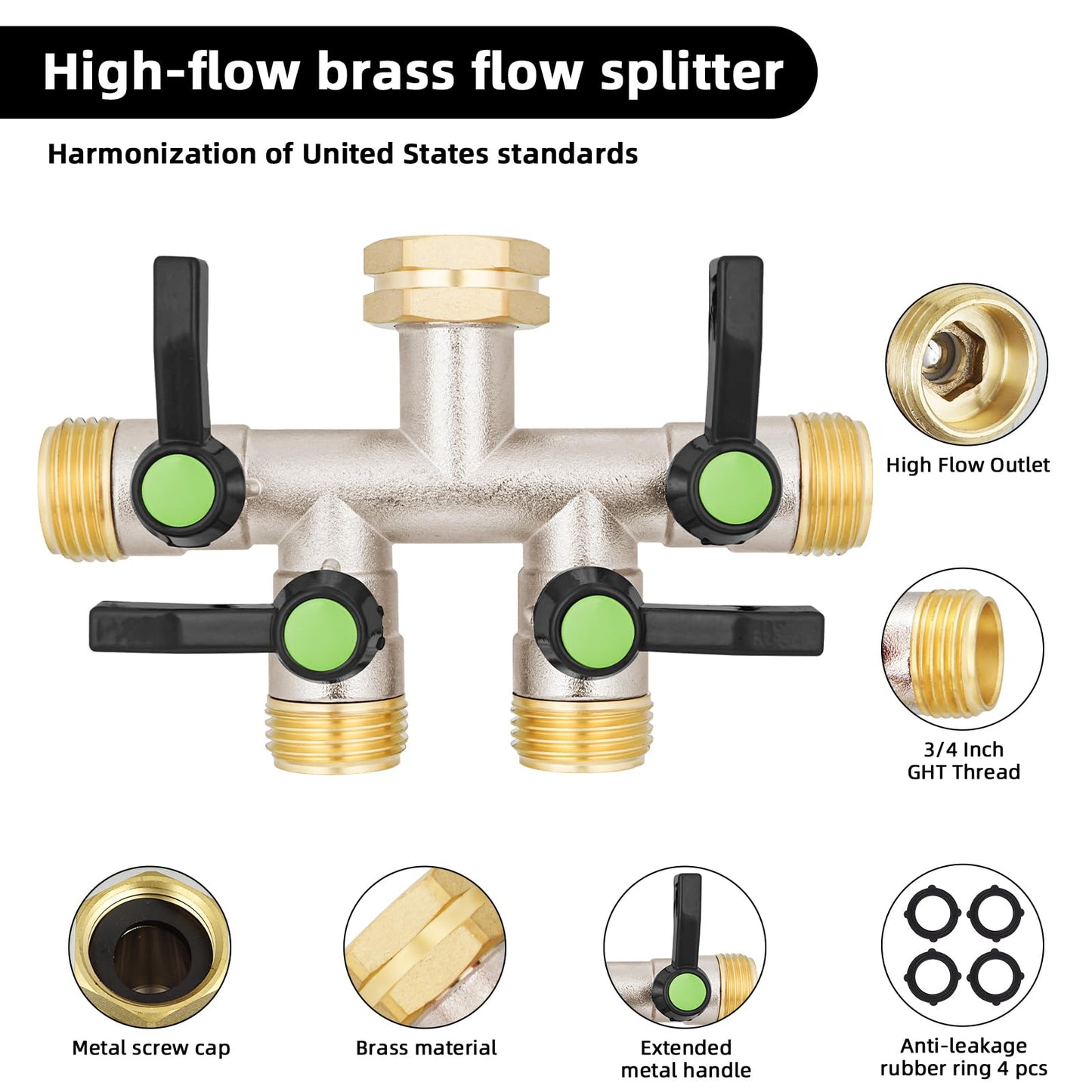 EJW 4 Way Garden Hose Splitter, Heavy Duty Garden Hose Splitter, High Flow Garden Hose Splitters, Fitting 3/4” Brass Outdoor Hose Splitter, Garden Hose Adapter Connector,Water Hose Splitter.