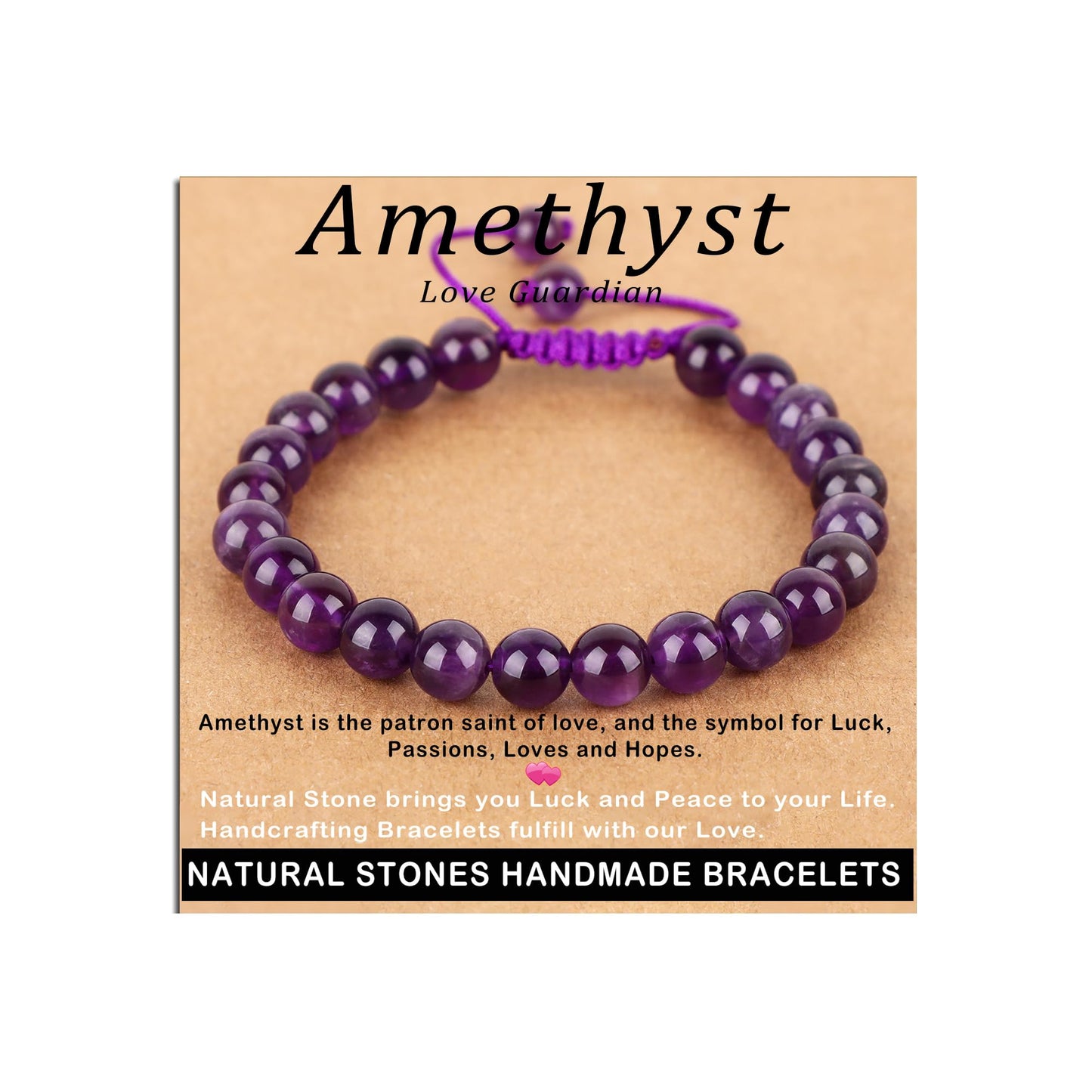 AD Beads 8mm Amethyst Bracelet - Stone of Love Guardian - Handmade Natural Stone Crystal Bracelet with Adjustable Macrame String - Yoga Healing Power Energy Gifts for Men and Women