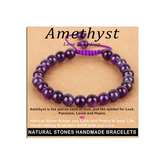 AD Beads 8mm Amethyst Bracelet - Stone of Love Guardian - Handmade Natural Stone Crystal Bracelet with Adjustable Macrame String - Yoga Healing Power Energy Gifts for Men and Women