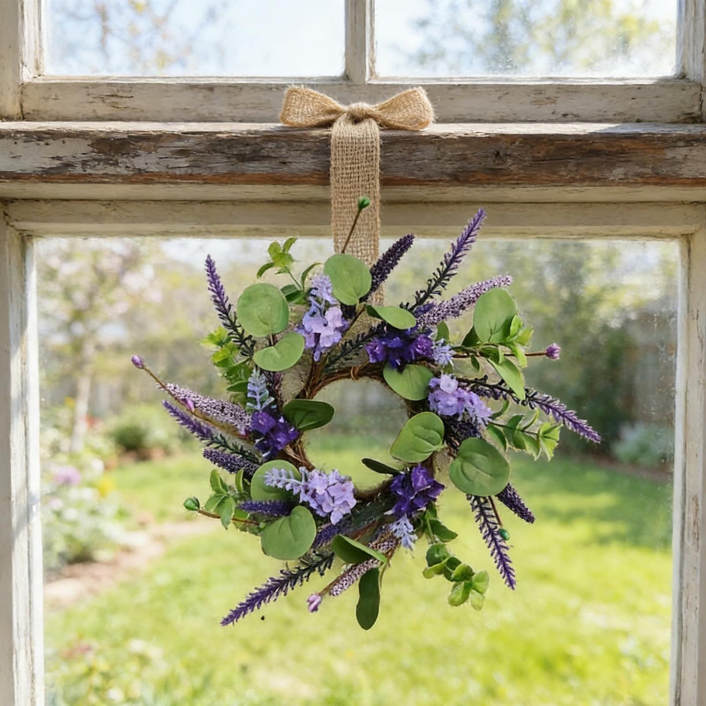 6 Pcs Small Lavender Hanging Wreaths for Cabinets with Violet Hydrangea Flowers and Eucalyptus Leaves Spring Summer Mini Candle Ring Wreath for Home Kitchen Front Door Window Porch Wall Wedding Decor