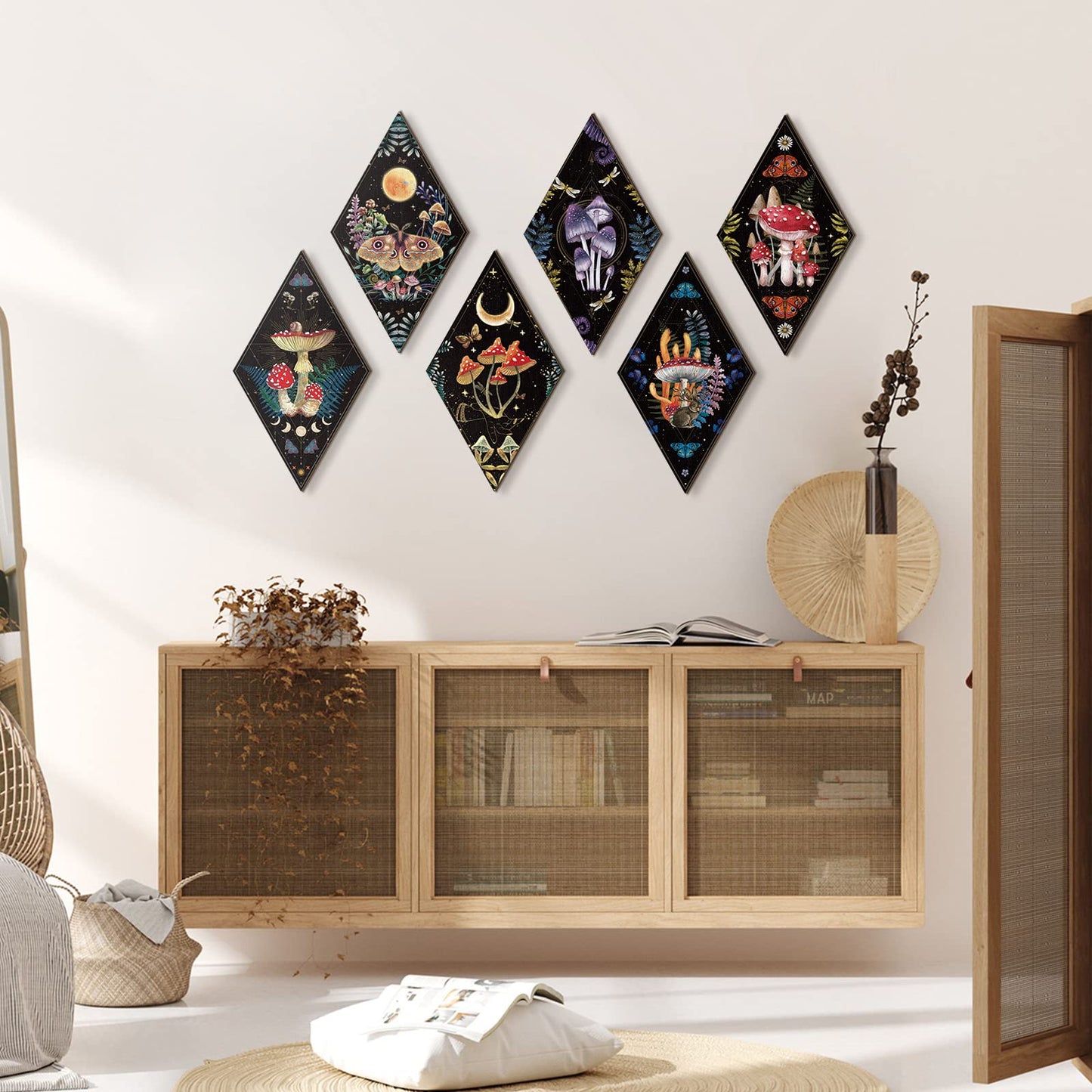 Sintuff 6 Pieces Gothic Wall Decor Boho Sun Moon Phases Wall Art Gothic Minimalist Stars Sun Hanging Wooden Home Decor Farmhouse Pediments for Gallery Living Bedroom Room(Mushroom)