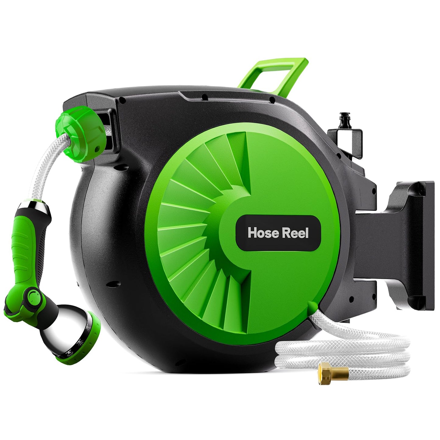Retractable Garden Hose Reel 100FT x 1/2 in, Wall Mount Water Hose Reel for Outside with Auto Rewind, Tangle-Free Guide, 180° Swivel Bracket, Lock at Any Length, High-Pressure Flow, 10-Pattern Nozzle