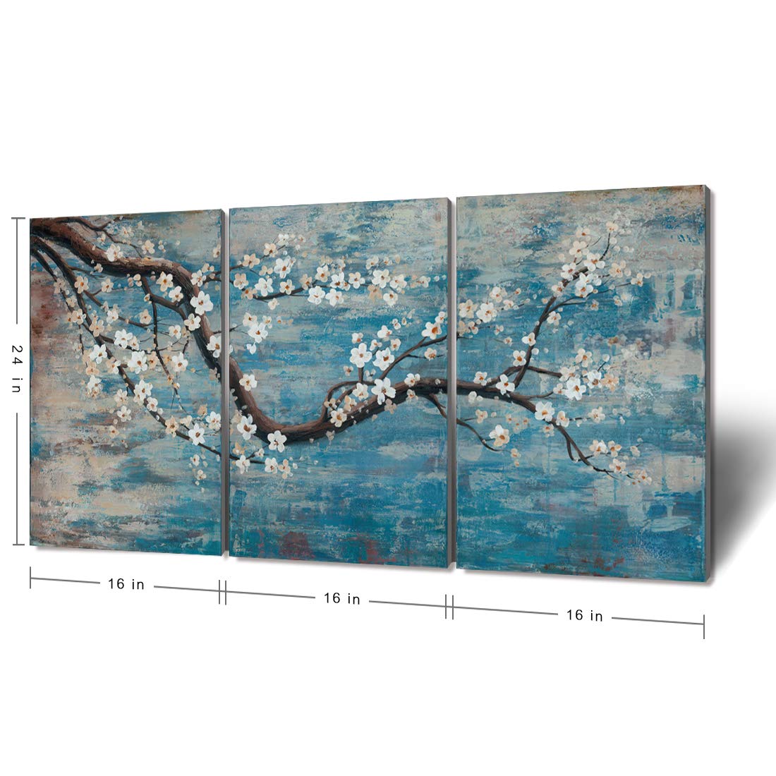 amatop Wall Art for Living Room 100% Hand-Painted Flower Oil Painting On Canvas Gallery Wrapped Large Framed Floral Plum Blossom Tree Teal Blue Artwork for Home Bedroom Decor 48"x24"