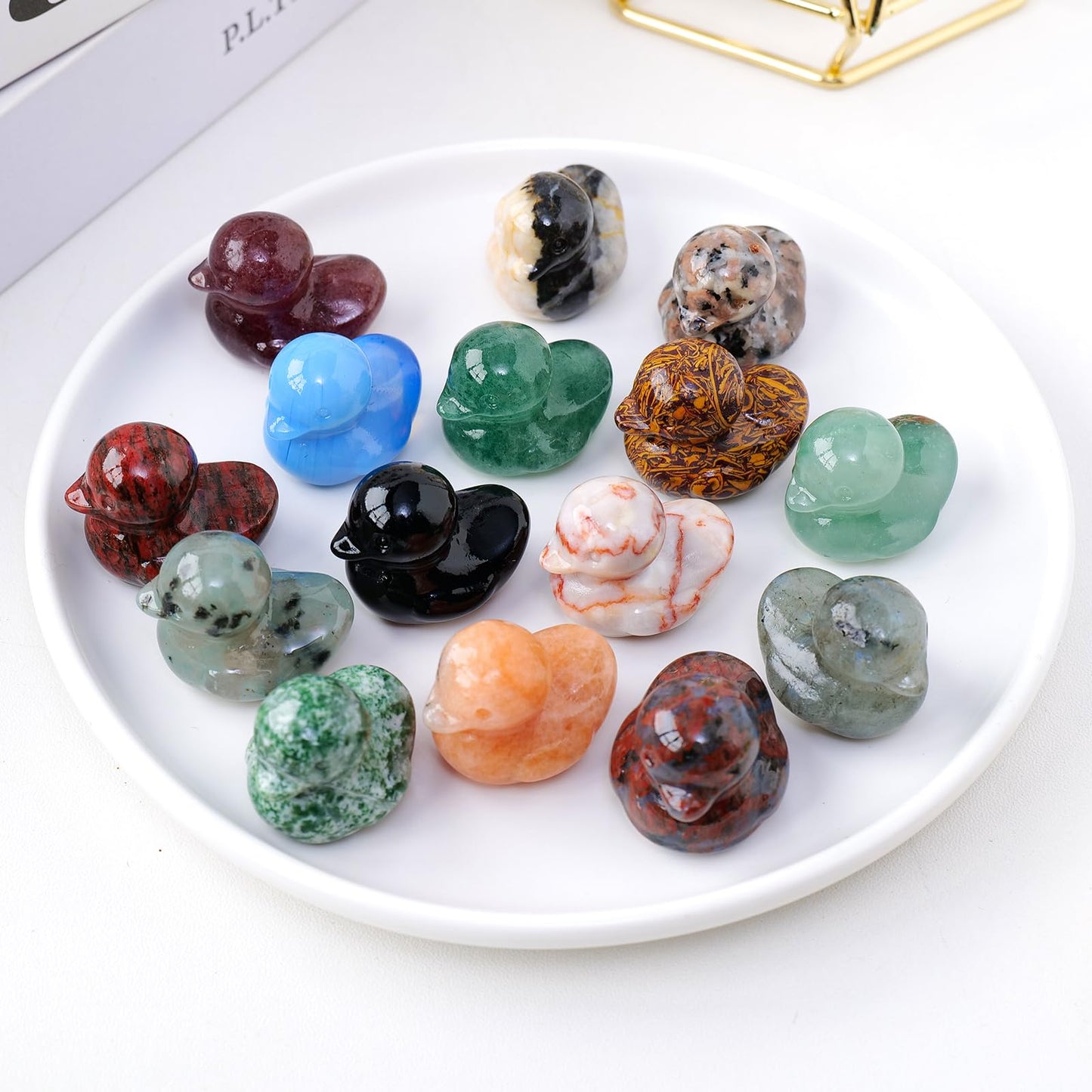 Runyangshi 9PCS Duck Figurine Statue Natural Crystal Mix Duck 1.18" Sunstone Healing Crystal Stone Hand Carved Lucky Duckling Sculpture Home Desk Office Decoration Duck Lover Gift